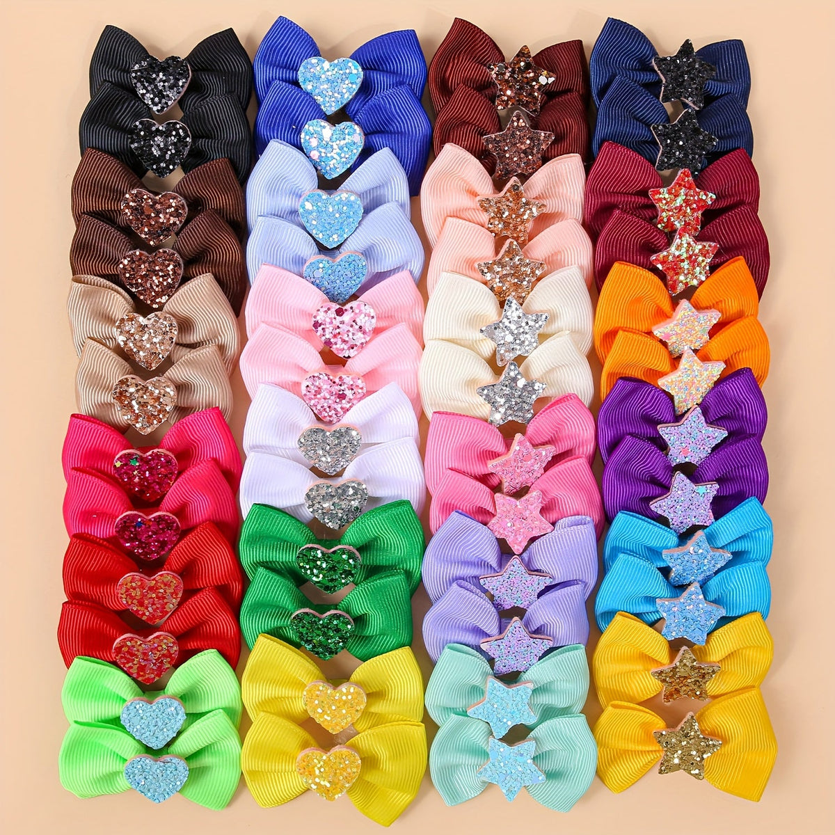 Dog Bow Hair Clips 24pcs Assorted โ Cute Glitter Heart & Star Grooming Hair Accessories for Small Dogs & Puppies, Mixed Color Random Styles Pet Hair Bows