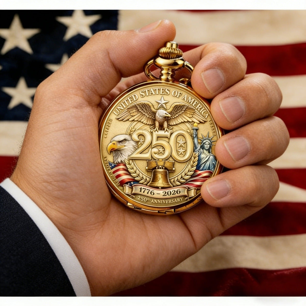 USA 250th Anniversary Pocket Watch 1776-2026 โ Retro Wind-Up Timepiece with Bald Eagle & Statue of Liberty, Patriotic Commemorative Gift for History Buffs, Collectors & American Pride