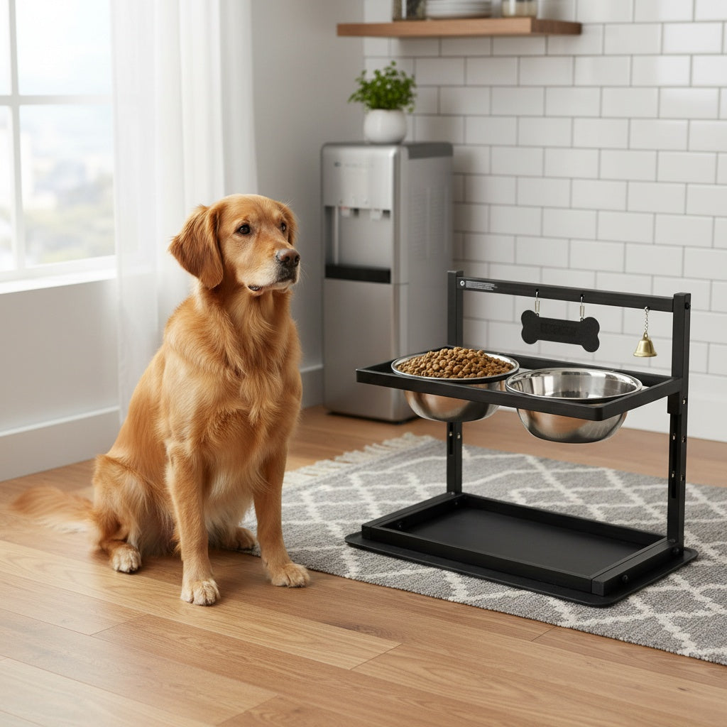 Adjustable Elevated Dog Bowl Stand with 2 Stainless Steel Bowls โ Sturdy Metal Raised Feeder for Large & Medium Dogs, Height Adjustable Ergonomic Dog Food & Water Bowl Holder, Black