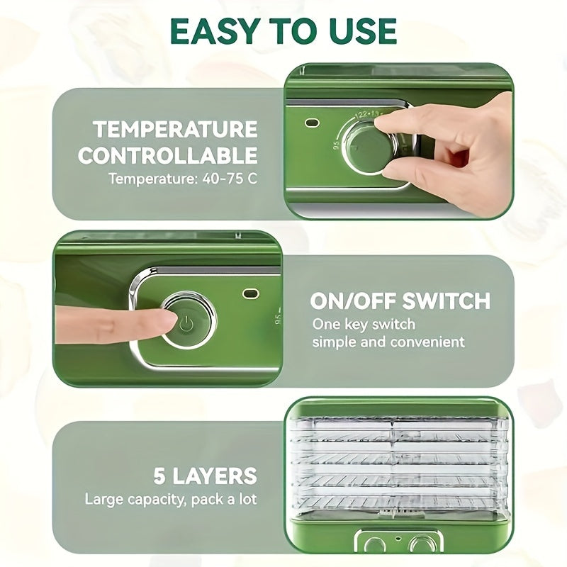Food Dehydrator - 5-Tray & 8-Tier BPA-Free Stackable, 95–158°F Digital Temp Control, Quiet <33dB, 240W - Jerky, Fruit, Meat, Veggies, Herbs & Snacks - Silver & Green