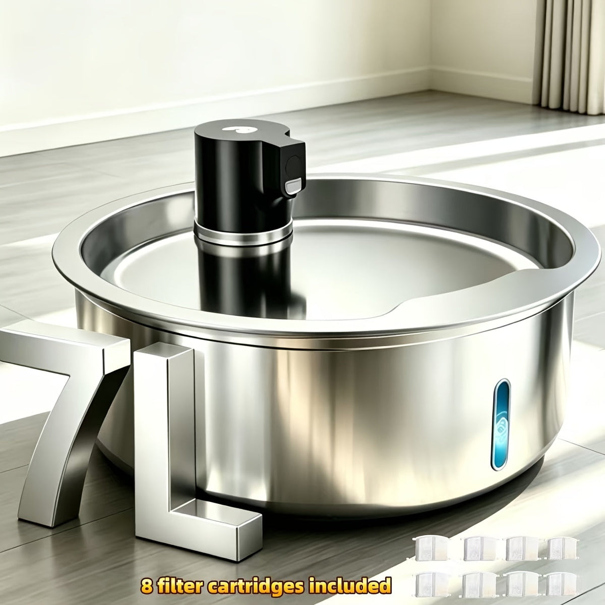 Automatic Pet Water Fountain - 1.85-Gallon Stainless Steel, USB-Powered, for Cats & Dogs & Multi-Pet Households - Includes Filter Cartridges - Silvery