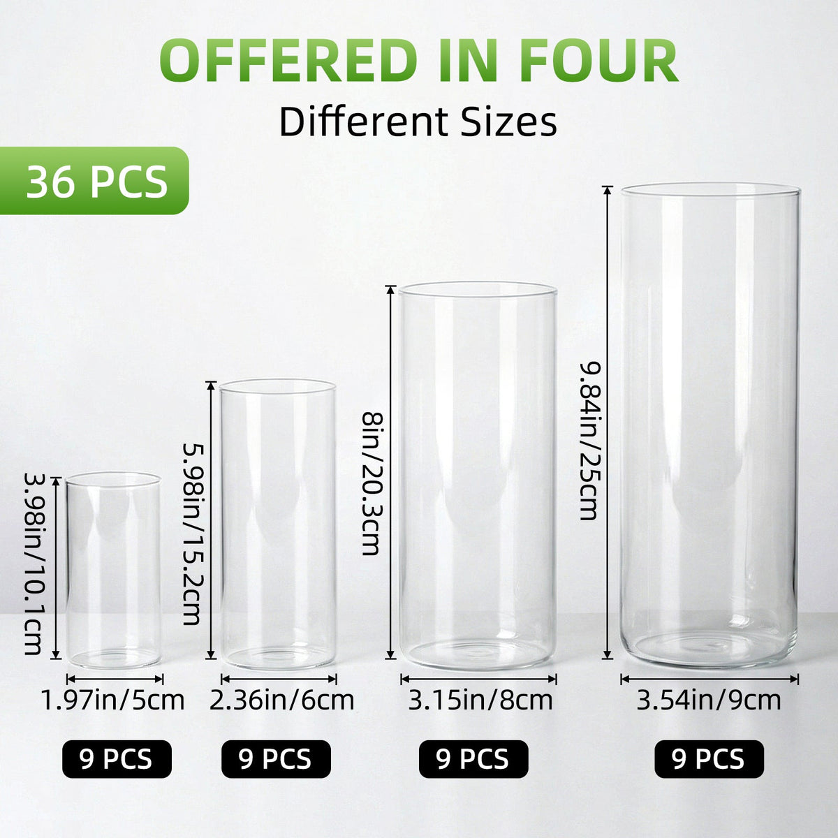 WHONLINE 36-Piece Clear Glass Cylinder Vases 4 6 8 10 Inch for Centerpieces Wedding Decorations & Indoor Home Decor Hurricane Candle Holder for Table Shelf & Party