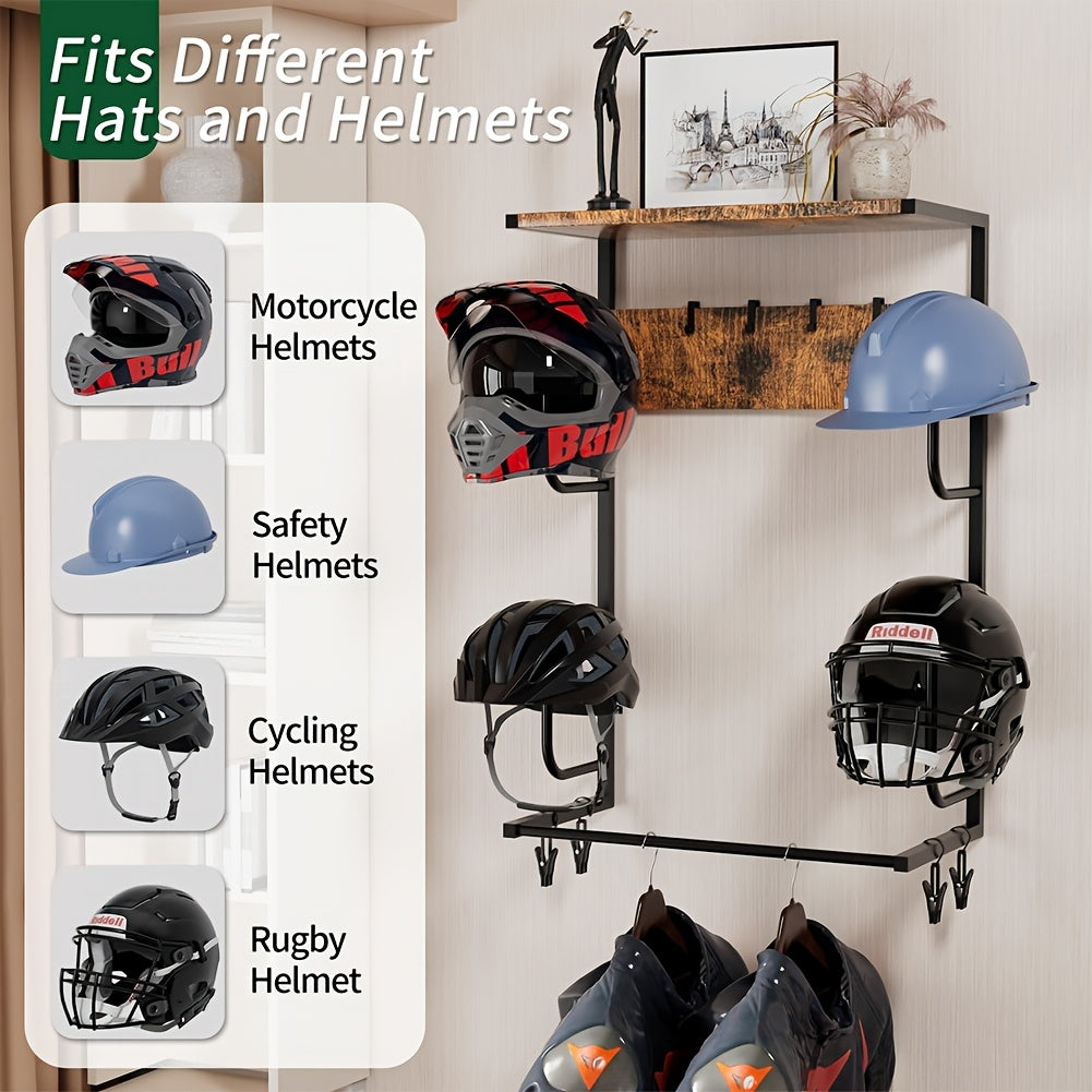 Wall Mounted Motorcycle Helmet Holder - 4 Clips & 4 Hooks, Helmet Rack & Hanger for Motorcycle Accessories Storage - Black