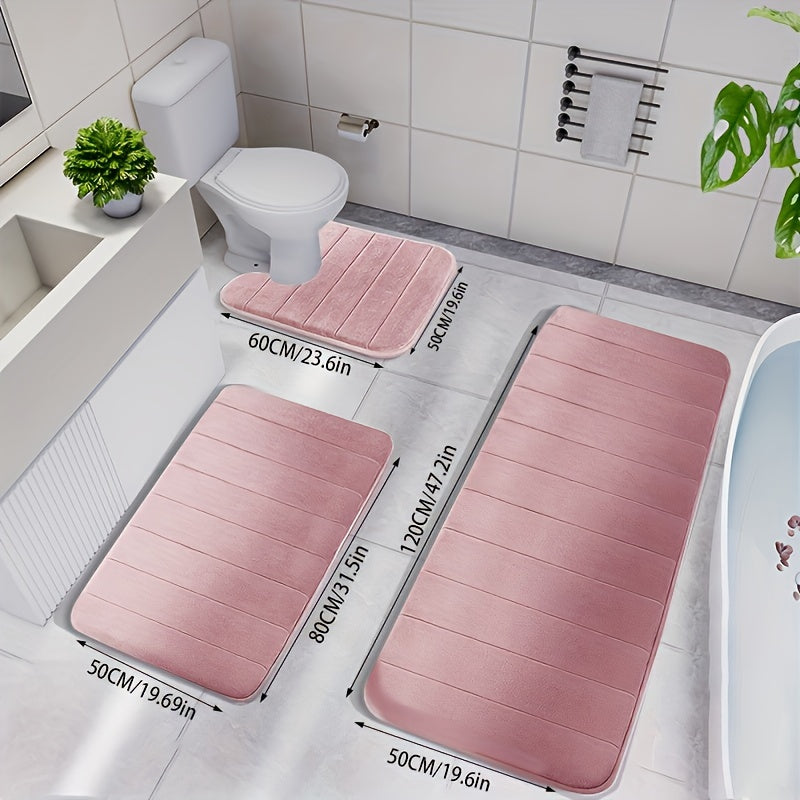 3-Piece Memory Foam Striped Bath Mat Set - Non-Slip, Thickened, Quick-Dry & Machine Washable - Soft Bathroom & Shower Room Mats - 10 Colors