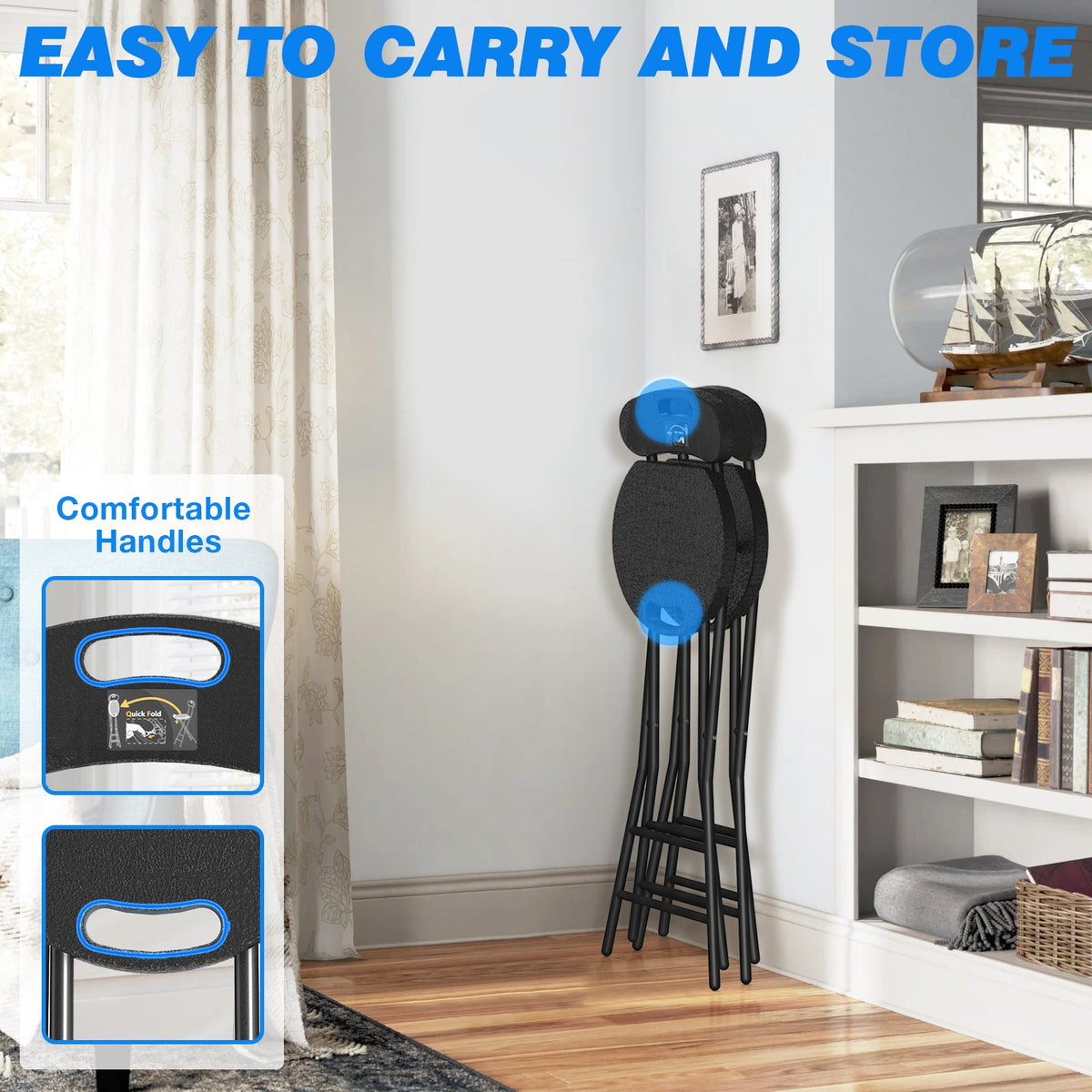 Folding Bar Stool 2-Pack - 24", 350 lbs Capacity, Alloy Steel, Backrest, 2-Height Footrest, Hinge Lock & Handle - Kitchen, Bar, Camping & Outdoor - Black
