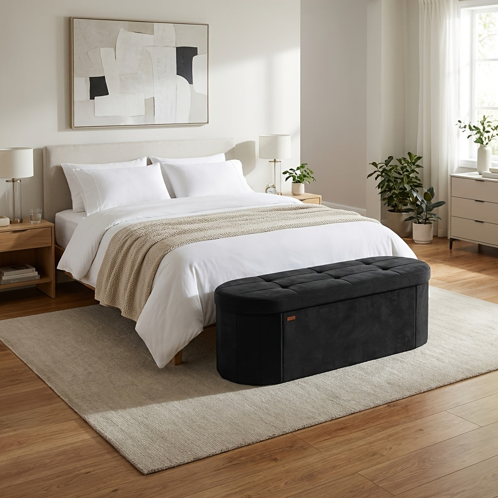Folding Storage Ottoman – Oval Velvet Foot Rest Extra Seat & Blanket Box Collapses Flat 15"x43"x15" for Bedroom Living Room in Pink White & Black