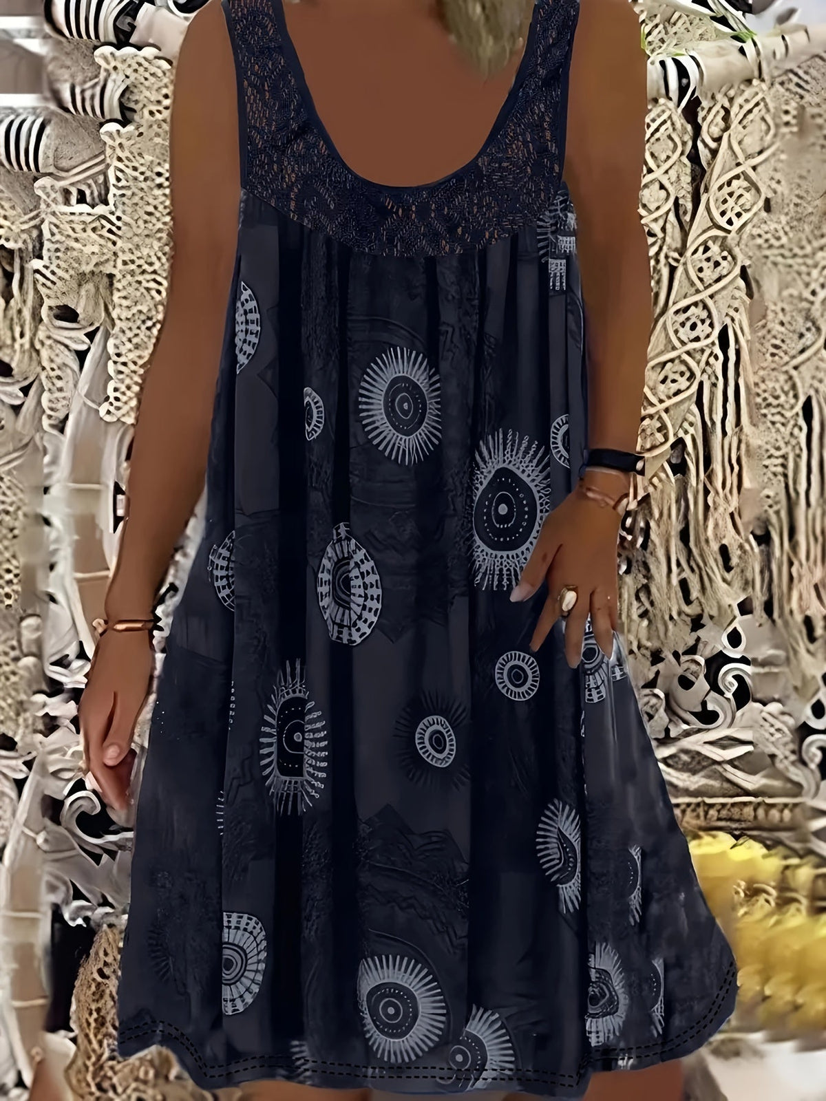 Women's Elegant Sleeveless A-Line Dress - Contrast Lace Hem & Geometric Print - Knee-Length, Round Neck, Machine Washable - Plus Size 0XL–8XL - Purple, Blue, Black, White, Red & More