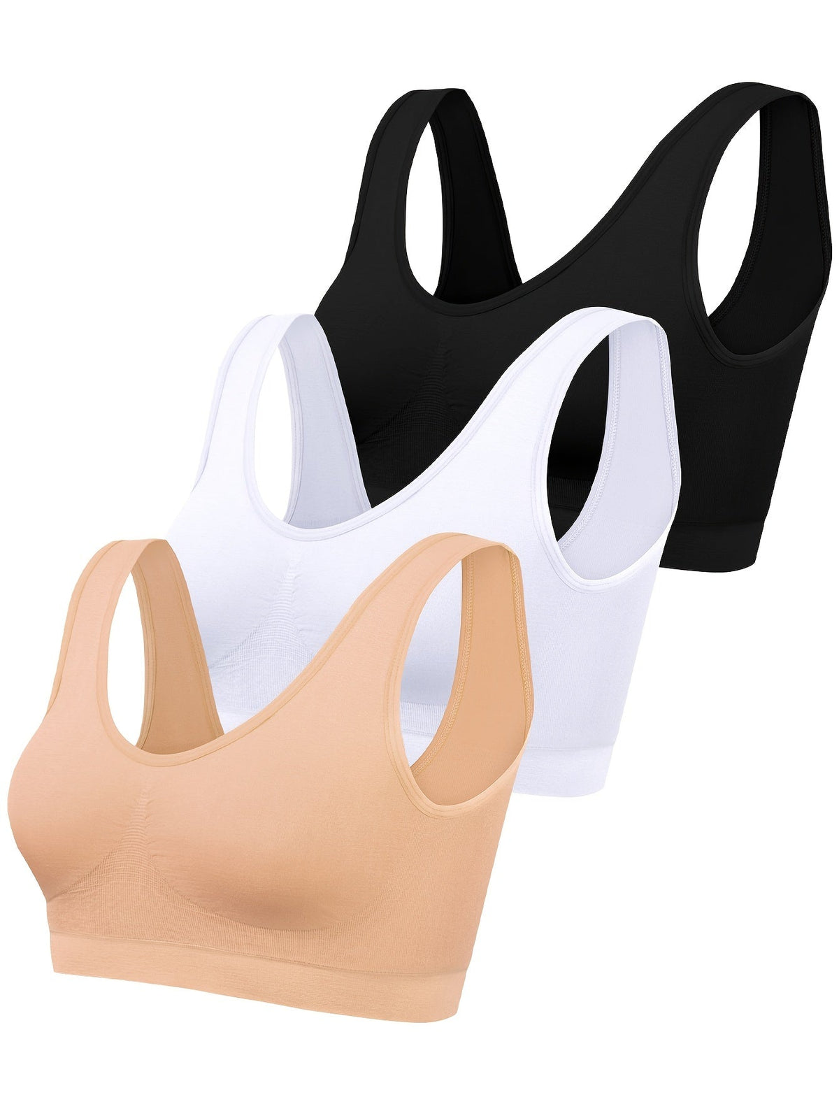 3-Pack Women's Seamless Ribbed Nylon Sports Bras - Thin, No Padding, Tank Top Style - Stretchy & Breathable - S–XXL - Black, White, Beige & Multi-Color Packs
