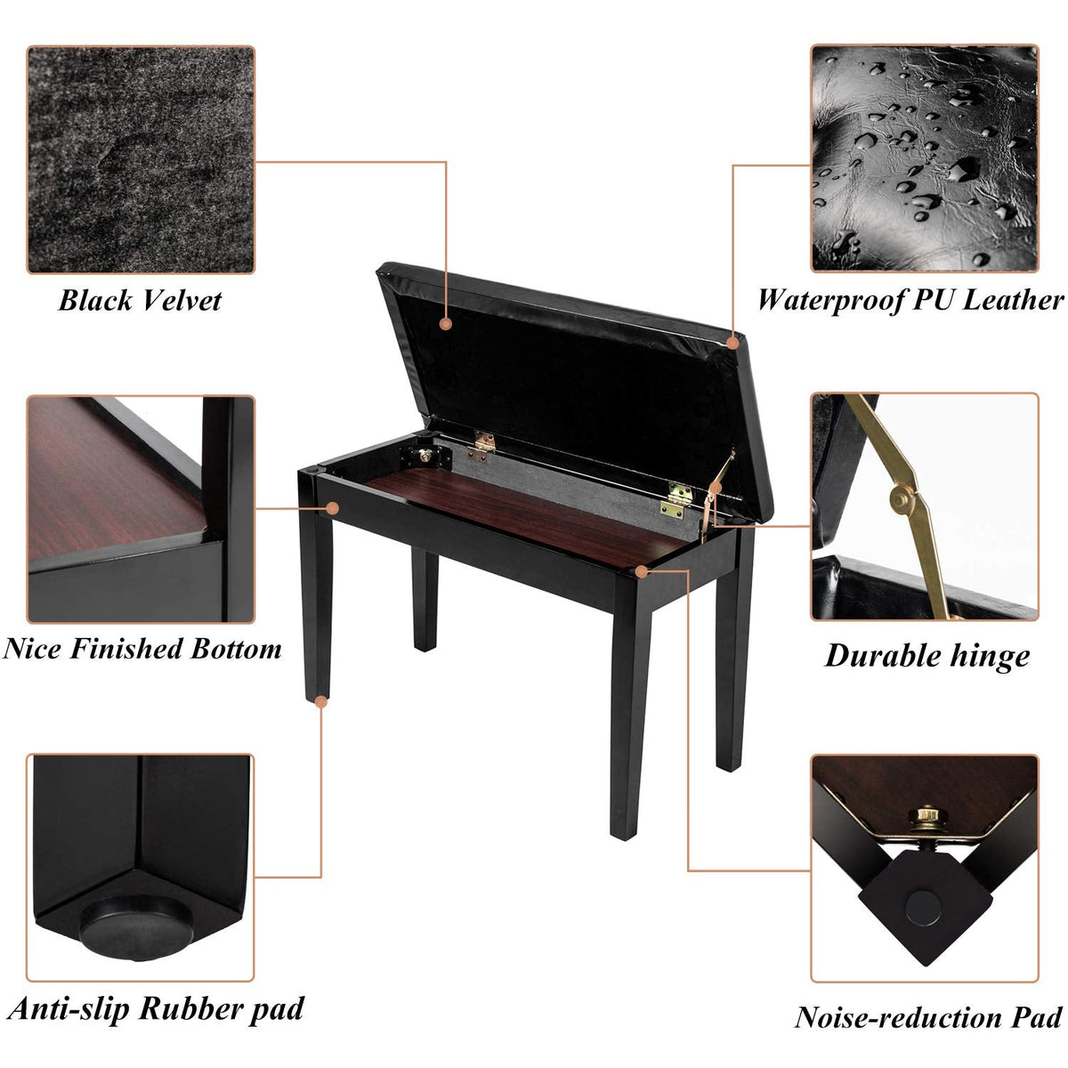 Bonnlo Wooden Duet Piano Bench - Thick PU Leather Padded Cushion, Under-Seat Sheet Music Storage, Locking Lid, 440 lbs Solid Wood Legs - Black & Brown, 21.5" or 29.5" Wide