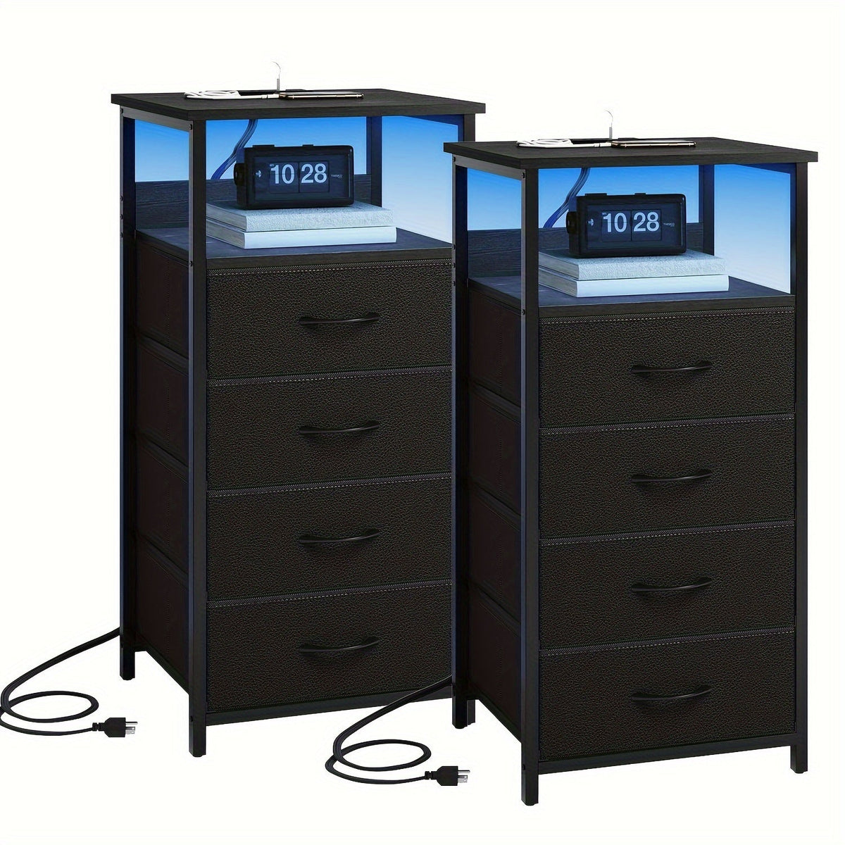 LED Nightstand with Charging Station - 1/2/3/4 Drawers, RGB App-Controlled Music-Sync Lighting, Metal Frame, Fabric Drawers & PU Finish, Adjustable Legs, 2 AC Outlets - 1 or 2 Pack - Bedroom & Living Room - Black, White, Gray & Brown