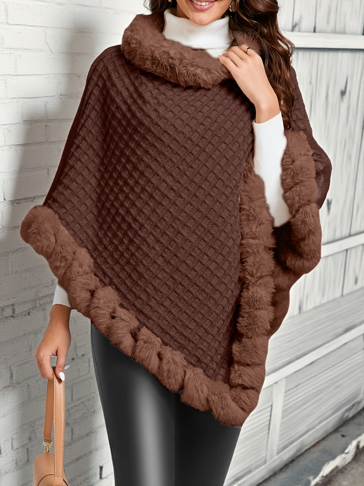 Women's Waffle Knit Shawl Poncho with Faux Fur Trim - Elegant Sleeveless High Neck Pullover, Solid Color Warm Cape Wrap for Fall Winter, 8 Colors One Size