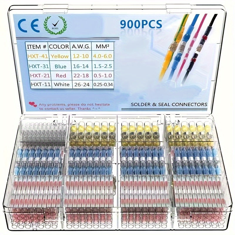 900-Piece Electrical Terminals Kit – Butt Splices Solder Seal Wire Connectors & Tube Sleeves for Boats Vehicles & Motorcycles