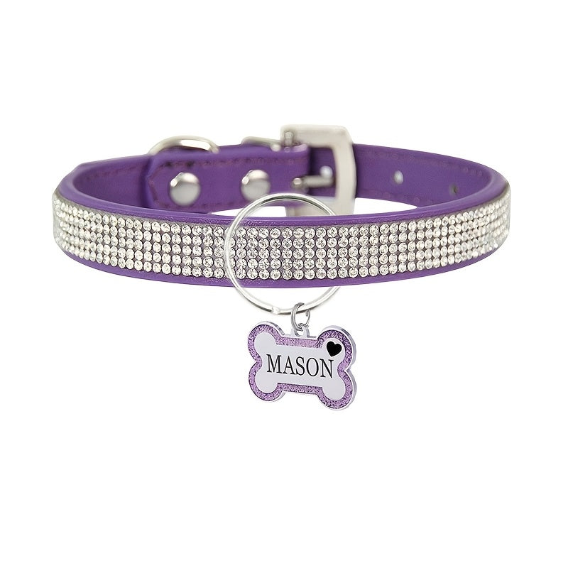 Personalized Pet Collar with Rhinestone Diamond Decoration & Free Engraved ID Tag – Adjustable Anti-Lost Cat & Dog Collar – Japanese Style Bling Collar for Small Medium Dogs & Cats, Multiple Colors & Sizes