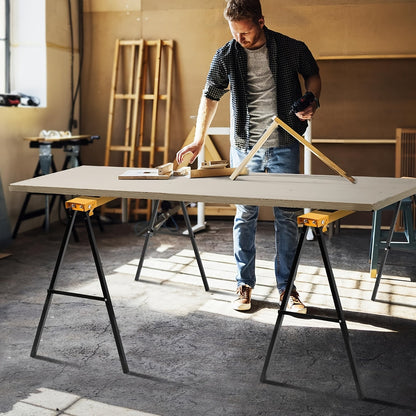SAFSTAR Heavy Duty Steel Sawhorse Set of 2 Folding A-Frame 275 Lb Per Horse Quick Setup & Compact Folding for Workshop & Job Site – Black Yellow