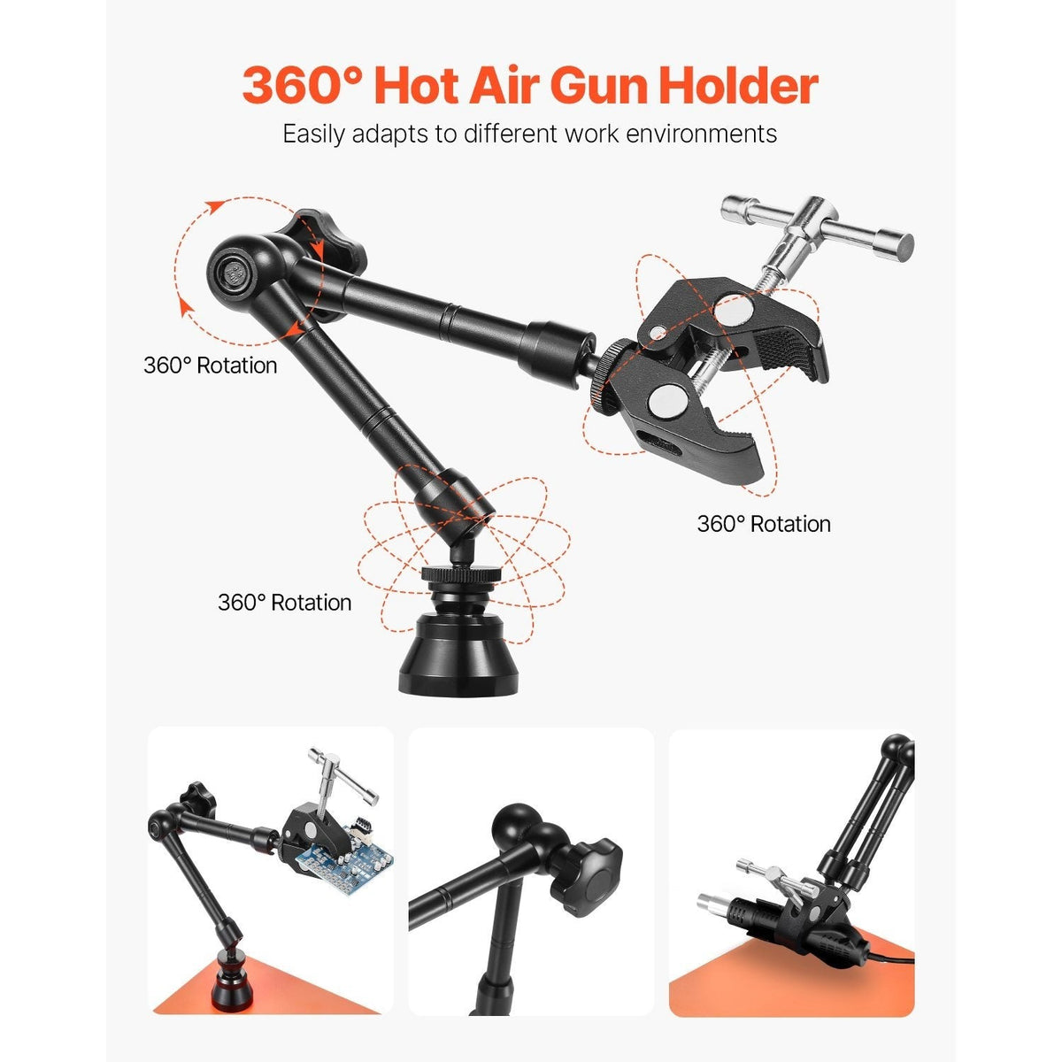 VEVOR Magnetic Helping Hands Soldering Station with 4 Gooseneck Arms 6 PCB Holders & 360° Hot Air Gun Holder Heavy-Duty Steel Base for Electronics PCB Wiring & Crafts