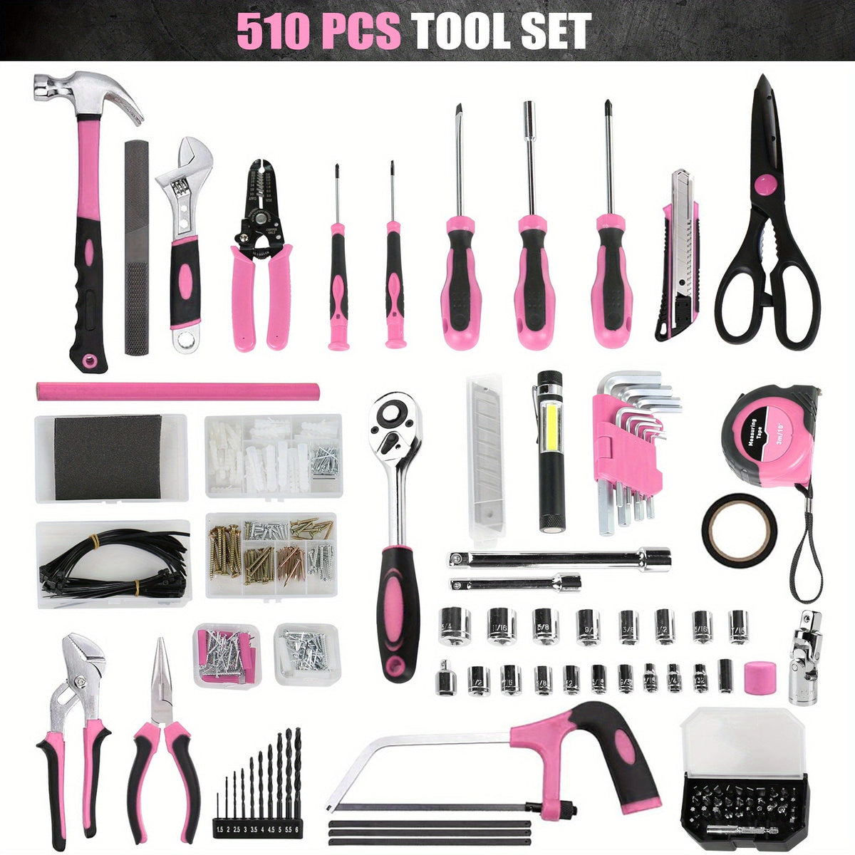 510-Piece Pink Tool Kit Set with 1-Drawer Toolbox Storage Case, Home Repair Mechanics Tool Set with Screwdrivers Pliers Wrenches Sockets, Ergonomic Handles, Portable Organizer for Women & Men