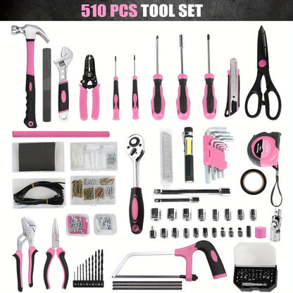 510-Piece Pink Tool Kit Set with 1-Drawer Toolbox Storage Case, Home Repair Mechanics Tool Set with Screwdrivers Pliers Wrenches Sockets, Ergonomic Handles, Portable Organizer for Women & Men