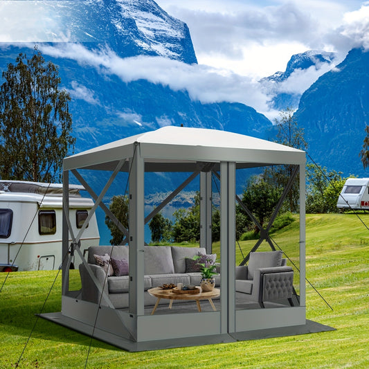 8x8 Pop-Up Gazebo with Mesh Tent Portable Outdoor Canopy with Tote Bag & Ground Stakes for Camping Garden Picnic & Backyard – Brown, Khaki, Blue & Grey
