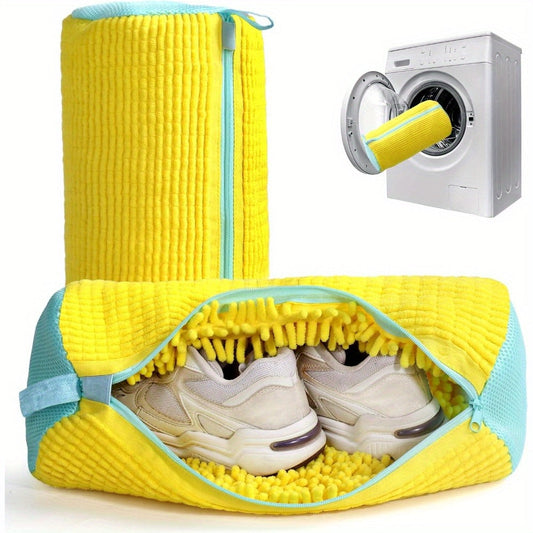 Shoe Washing Machine Laundry Bag - Chenille Interior, Nylon Zipper, Noise-Reducing - For Sneakers, Tennis Shoes & Everyday Footwear - Yellow