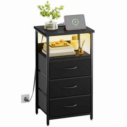 LED Nightstand with Charging Station - 1/2/3/4 Drawers, RGB App-Controlled Music-Sync Lighting, Metal Frame, Fabric Drawers & PU Finish, Adjustable Legs, 2 AC Outlets - 1 or 2 Pack - Bedroom & Living Room - Black, White, Gray & Brown