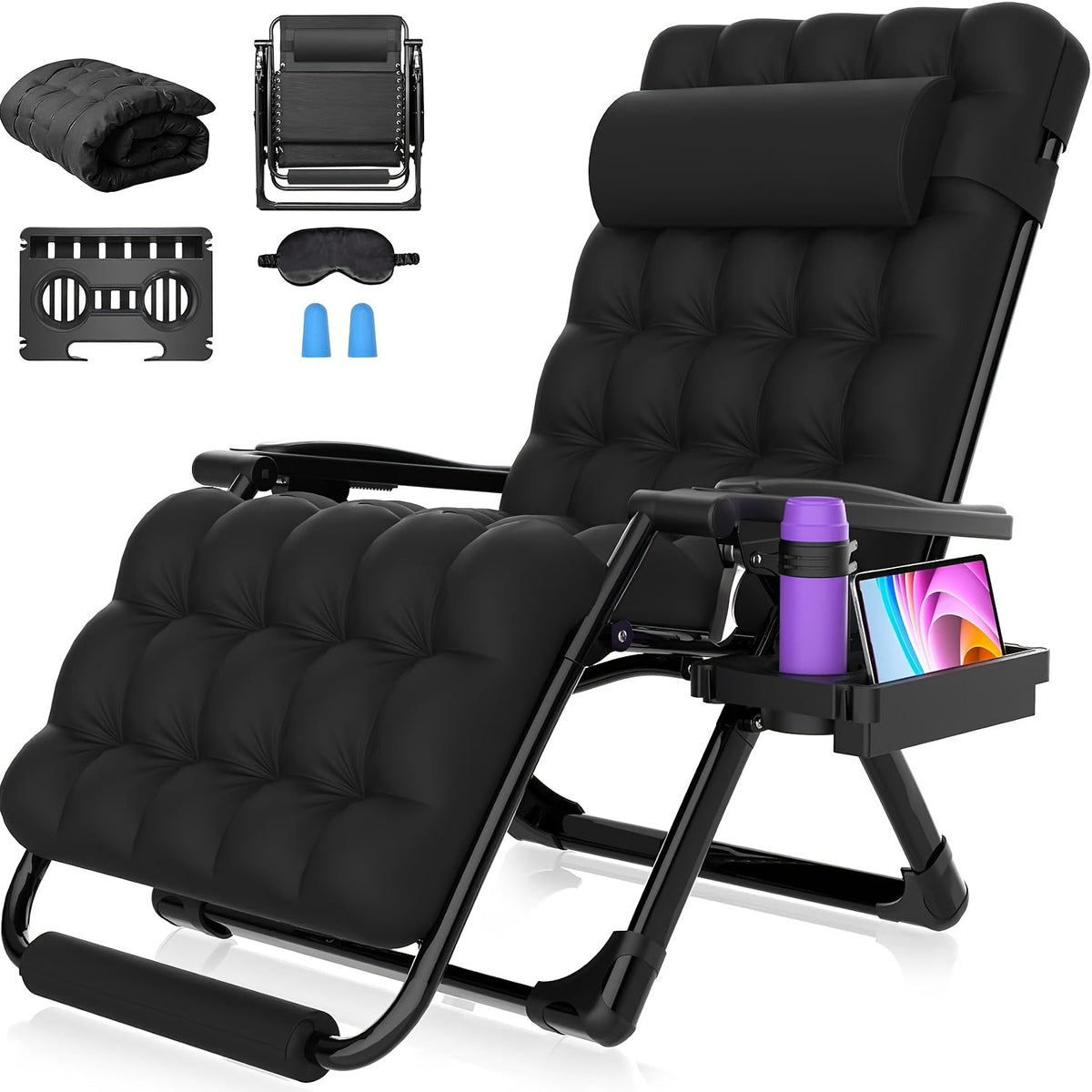 Oversized XXL Zero Gravity Chair, 33", 500 Lb Capacity, 1.6" Steel Pipes, 90°-170° Aluminum Lock Recliner, Removable Cushion & Headrest, Footrest, Cup Holder, Eye Mask & Earplugs, for Outdoor Camping, Patio & Beach