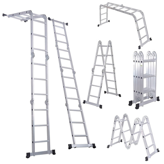 330lb 12.5ft 7-in-1 Multi-Purpose Aluminum Folding Extension Ladder – Foldable Lightweight Scaffold Step Ladder for Home, Garage, Construction & Outdoor Use