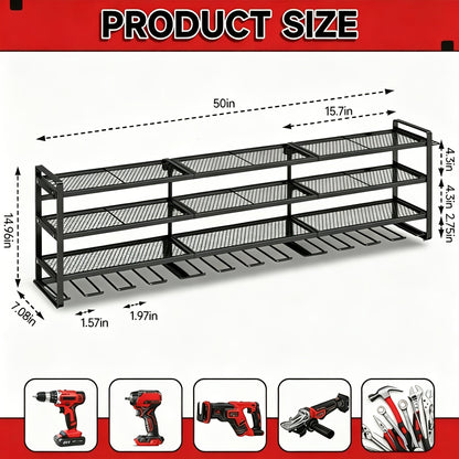 50" Wall Mount Power Tool Organizer, 600 lbs Capacity, 4-Tier Heavy Duty, Holds 12 Cordless Drills, Battery Tool Storage Rack, for Garage, Shed, Workbench & Workshop