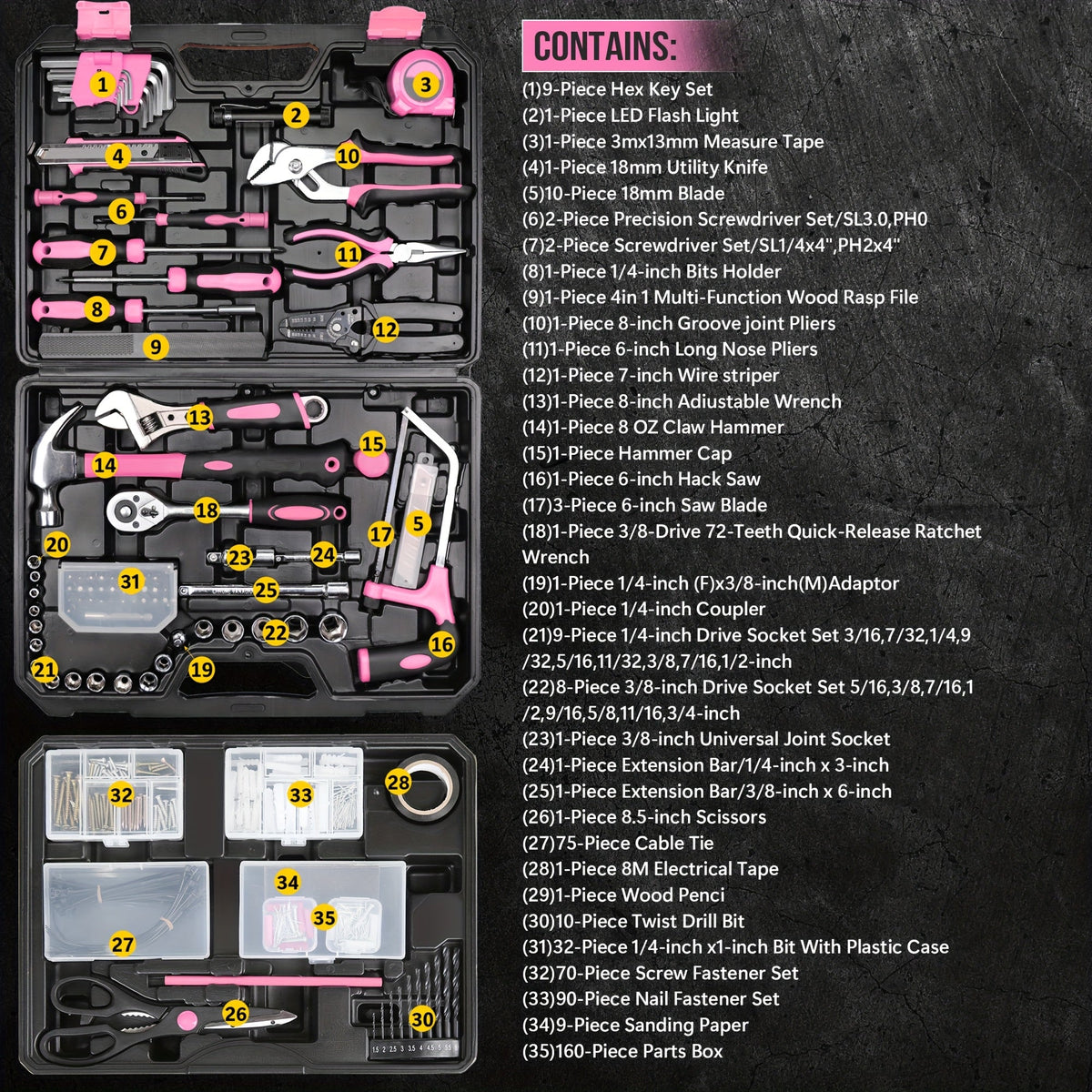 510-Piece Pink Tool Kit Set with 1-Drawer Toolbox Storage Case, Home Repair Mechanics Tool Set with Screwdrivers Pliers Wrenches Sockets, Ergonomic Handles, Portable Organizer for Women & Men