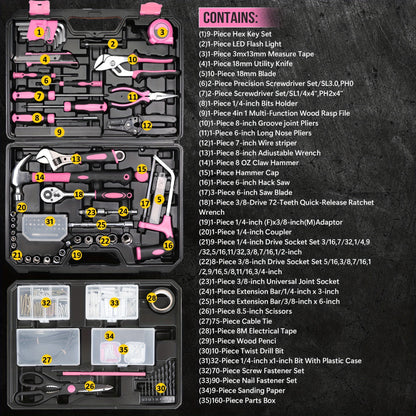 510-Piece Pink Tool Kit Set with 1-Drawer Toolbox Storage Case, Home Repair Mechanics Tool Set with Screwdrivers Pliers Wrenches Sockets, Ergonomic Handles, Portable Organizer for Women & Men