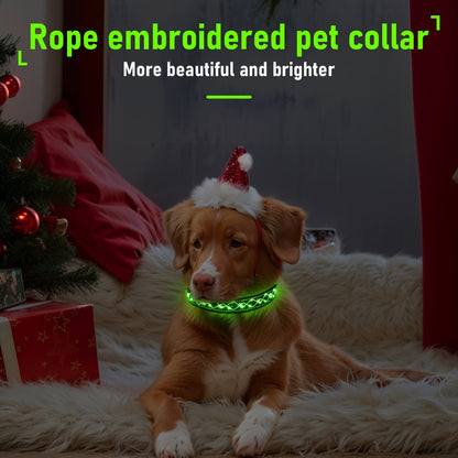 USB Rechargeable LED Embroidery Dog Collar for Night Safety – Glowing Decorative Light-Up Pet Collar with Adjustable Fit for Small Medium Large Dogs, 4 Colors, Sizes S M L