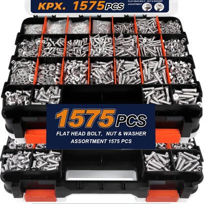 1575-Piece Nut & Bolt Assortment Set - Phillips & Flat Head Screws, Nuts, Bolts & Washers with Double-Sided Storage Case - 10 Colors