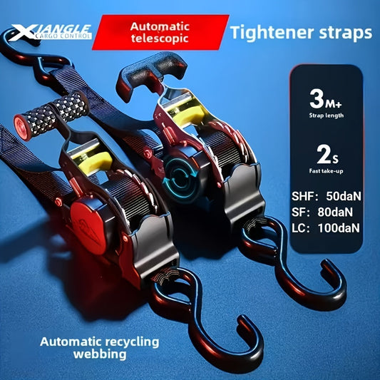 Heavy-Duty Automatic Retractable Cargo Strap - No Assembly, Free Extension & Contraction, Coilable - Moving, Towing, RV, Trailer & Vehicle Load Securing - Black
