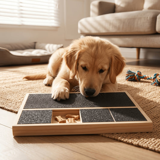 2-in-1 Wooden Dog & Cat Puzzle Feeder with Nail Filing Board – 6-Compartment Interactive Slow Feed Treat Dispenser & Scratch Pad for Small & Medium Pets, Behavior Enrichment & Mental Stimulation Toy