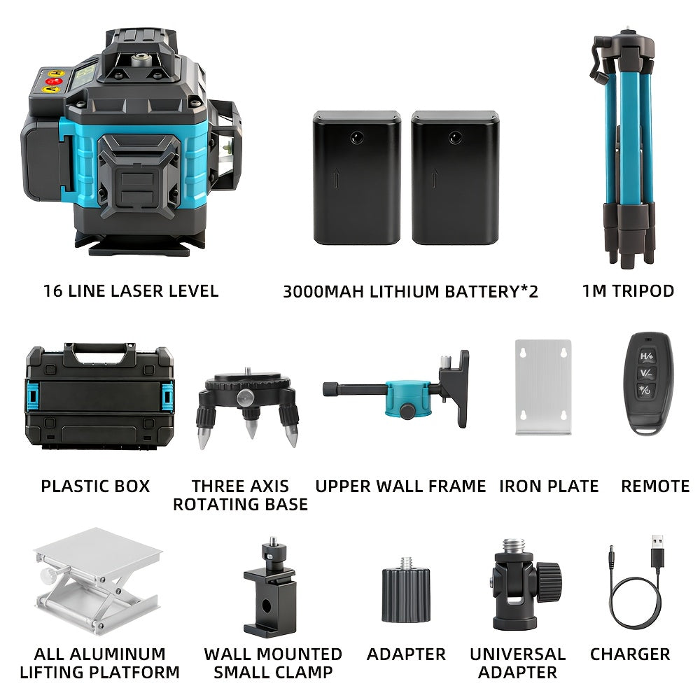 16-Line 4D Laser Level - 360° Self-Leveling, 2x 3000mAh Batteries, Remote Control, Digital Display, Optional 39" Tripod - Construction, Tile, Renovation, Wall & Floor Alignment, Picture Hanging