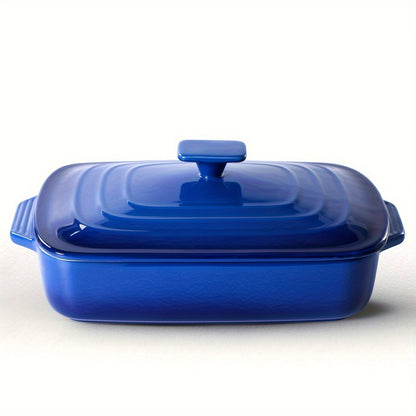 4 Qt Rectangular Ceramic Casserole Dish with Lid – 9x13" Deep Stoneware Baking Pan for Lasagna Oven Baking & Serving in Red Blue & White
