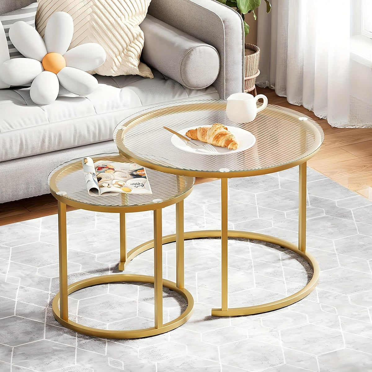 Nesting Glass Coffee Tables Set of 2 – Round Modern Industrial Metal Frame Side Tables for Living Room Bedroom in Clear Gray Striped & Tea Glass with Gold or Black Frame