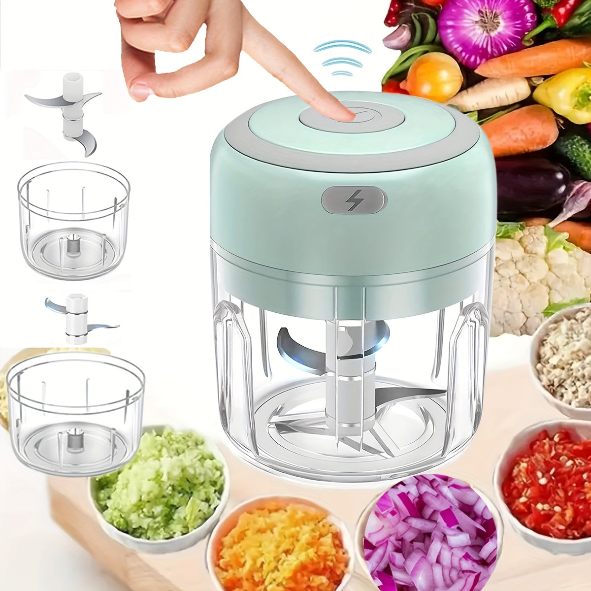 Electric Food Chopper 250ml (8.45oz) - 3 Blades for Chopping, Grinding, Mincing & Whisking - 30W Compact Mini Food Processor - Green, White & Pink