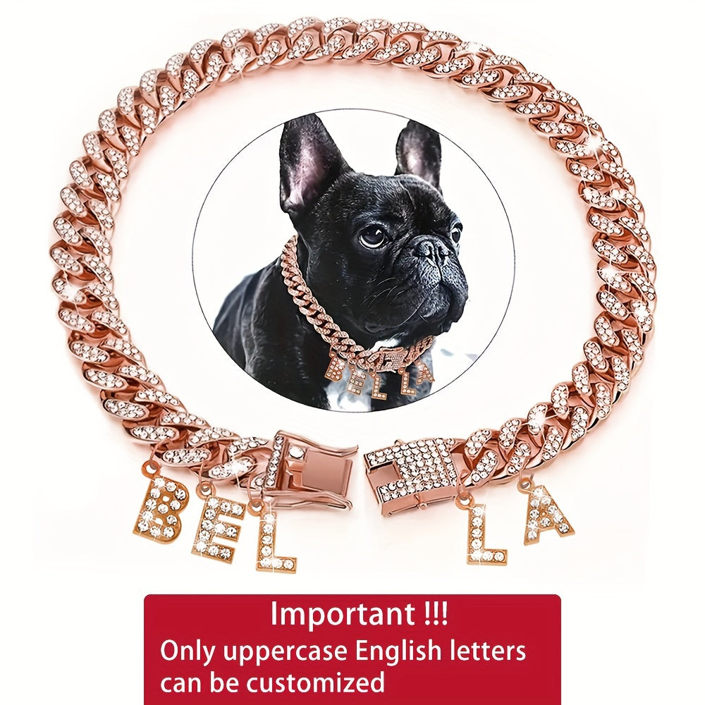 Personalized Rhinestone Dog Necklace Collar with Letter Pendant Tag – Sparkling 13mm Cuban Chain Dog Collar, Custom Initial Charm, Double Lock Design for Small Medium Dogs, Luxury Pet Jewelry Gift