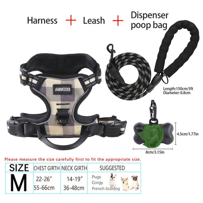 4-Piece Dog Harness and Leash Set No-Pull No-Choke Reflective Oxford Vest Harness with Leash Poop Bag Dispenser Easy Control Handle for Medium Large Dogs Outdoor Training Walking