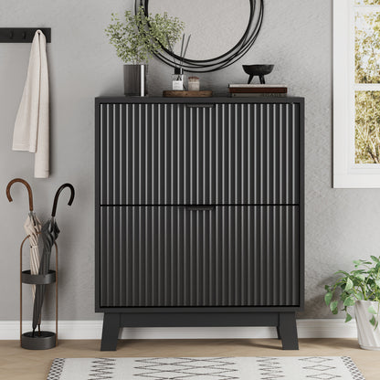 Slim Fluted Shoe Cabinet with 2 Flip Drawers, Adjustable & Removable Shelves, Narrow Entryway Shoe Organizer for Hallway Foyer Living Room Small Spaces, Modern Hidden Shoe Storage