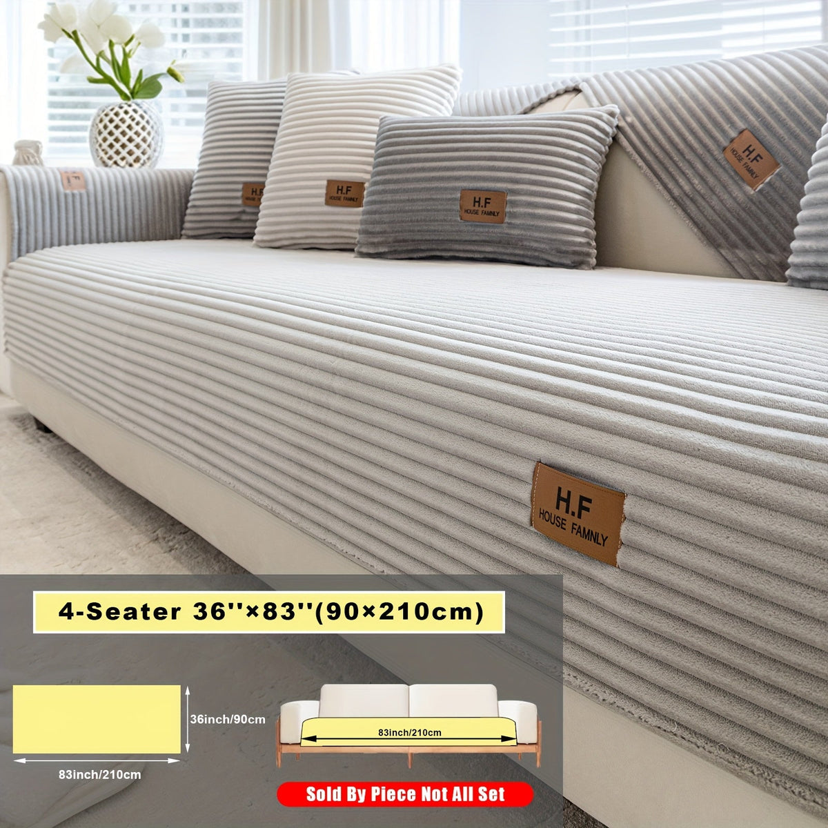 Short Plush Striped Sofa Cover & Cushion - All-Season, Pet-Friendly & Non-Slip - Armchair, Loveseat, 3/4/5-Seater, Backrest, Armrest & Pillowcase - White, Dark Gray, Light Gray, Coffee & Blue