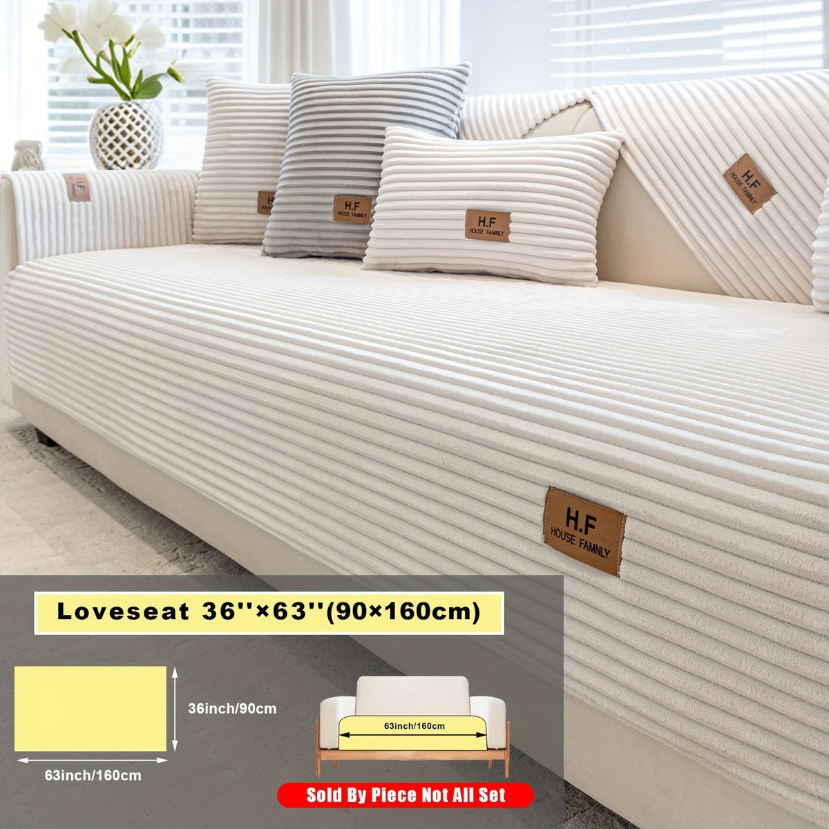 Short Plush Striped Sofa Cover & Cushion - All-Season, Pet-Friendly & Non-Slip - Armchair, Loveseat, 3/4/5-Seater, Backrest, Armrest & Pillowcase - White, Dark Gray, Light Gray, Coffee & Blue