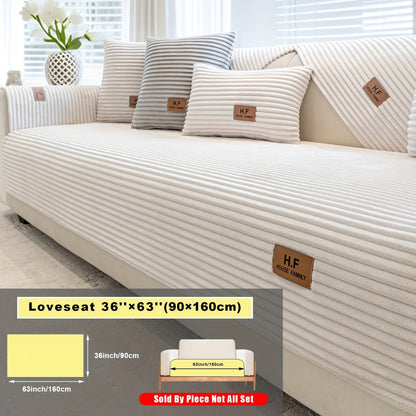 Short Plush Striped Sofa Cover & Cushion - All-Season, Pet-Friendly & Non-Slip - Armchair, Loveseat, 3/4/5-Seater, Backrest, Armrest & Pillowcase - White, Dark Gray, Light Gray, Coffee & Blue
