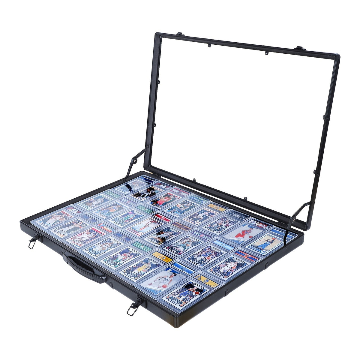 Aluminum Trading Card Display Case Lockable Portable Collector Showcase Box with Carry Handle for Pokemon MTG Sports Cards Pins Jewelry Photos Collectibles Silver Black