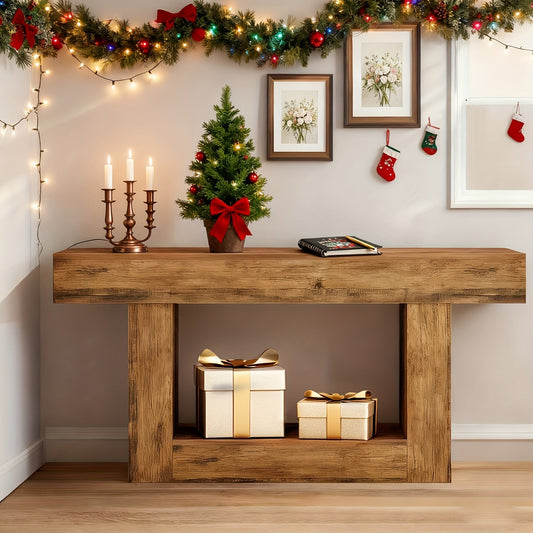 Farmhouse Console Table with U-Shaped Base & Bottom Shelf, Rustic MDF Entryway Table for Living Room Hallway Foyer Corridor, Country Style Sofa Table with Storage, Durable Modern Rustic Decor