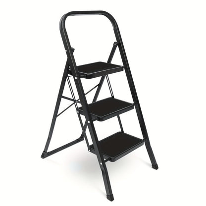 3-Step Folding Step Stool Ladder – 500 LB Capacity Wide Anti-Slip Pedal Handgrip Lightweight Portable Steel for Home Kitchen & Workshop in White & Black