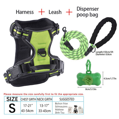 4-Piece Dog Harness and Leash Set No-Pull No-Choke Reflective Oxford Vest Harness with Leash Poop Bag Dispenser Easy Control Handle for Medium Large Dogs Outdoor Training Walking
