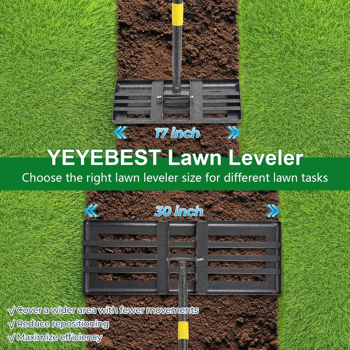 Heavy Duty Lawn Leveling Rake 30x10 or 17x10 Inch Stainless Steel Leveler Reinforced Welds 5-6 Ft Handle Anti-Flip Smooth Edge for Soil Dirt Yard Top Dressing & Landscaping