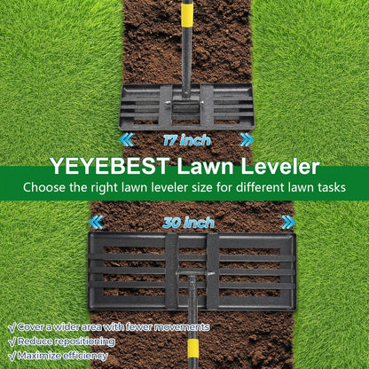 Heavy Duty Lawn Leveling Rake 30x10 or 17x10 Inch Stainless Steel Leveler Reinforced Welds 5-6 Ft Handle Anti-Flip Smooth Edge for Soil Dirt Yard Top Dressing & Landscaping