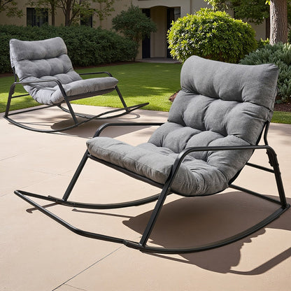 Oversized Outdoor Patio Upholstered Rocking Chair with 5.5" Thick Cushion, Footrest & Double-Sided Storage Bags for Patio Terrace Garden & Balcony – Non-Slip Backing, Available in Beige & Grey, 1 or 2 Pack